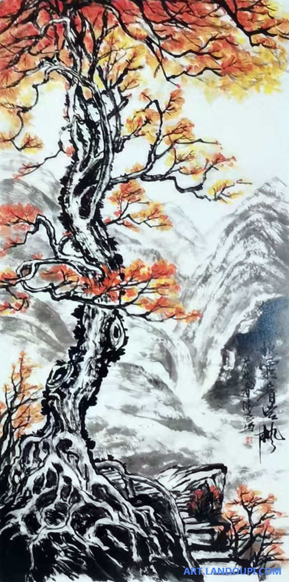袁德喜的写意山水作品《秋霜看路枫》赏析
