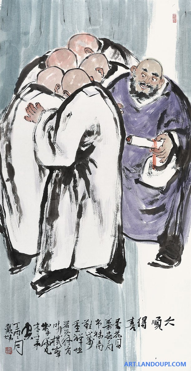 这幅水墨人物画 出自画家戴炜之手 题款 “六顺得喜”