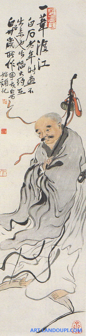 一叶渡江观白石笔意《一叶渡江》是齐白石人物小品佳作