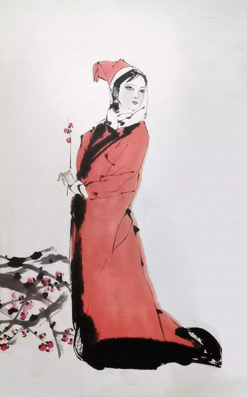 红梅佳人：一纸水墨 落染红颜风骨 画中女子身披绯红长裘