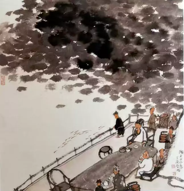 湖滨闲聚：浓墨泼洒成满幅树荫 沉沉覆于画幅上端 李学明画