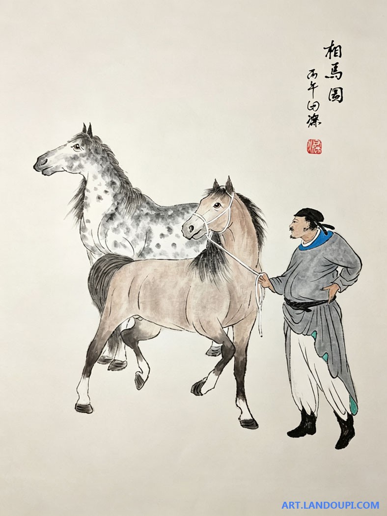 观《相马图》有感：画面布局简练耐看 右侧古时装束的相马者侧身伫立