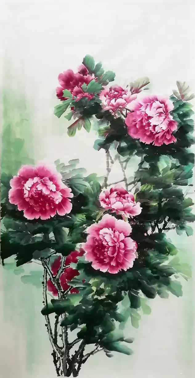 墨韵丹华：一纸素宣 晕染浅碧烟岚 几枝牡丹倾绽其间